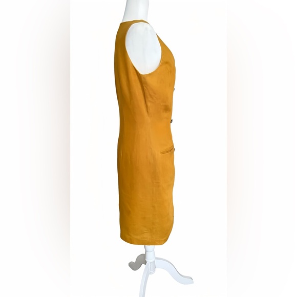 Sàke Vintage Mustard Yellow Linen Dress Sz 8 Lined Double-Breasted Sleeveless - Picture 3 of 8